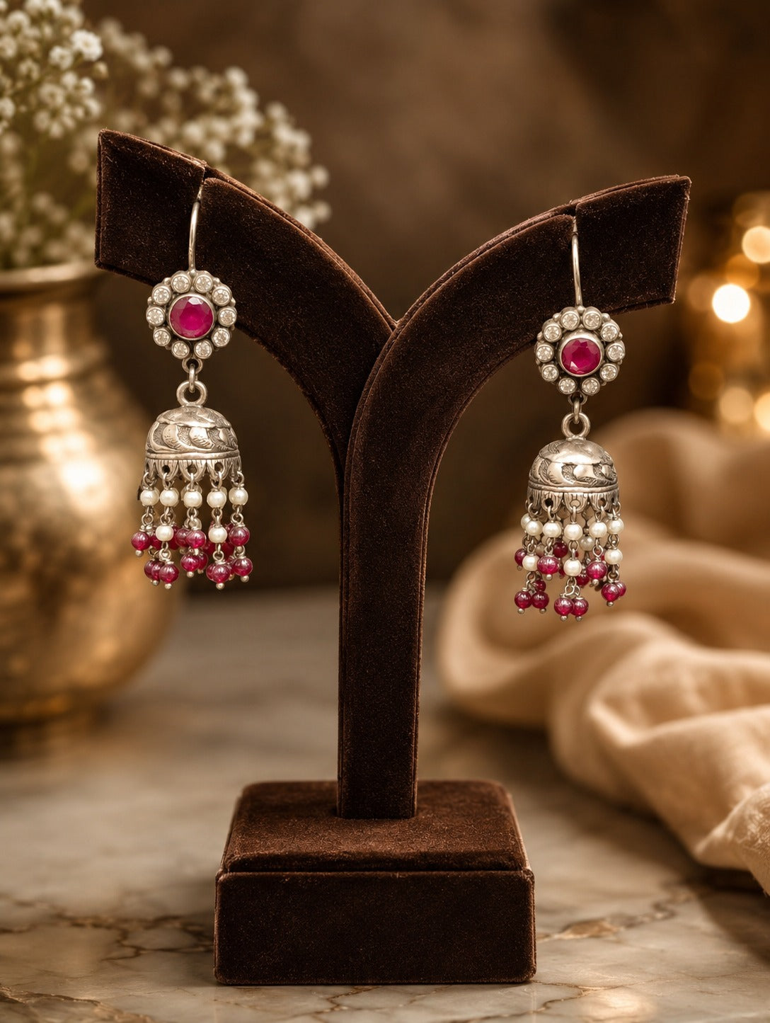 Silver Tassel Jhumka Marron Stones
