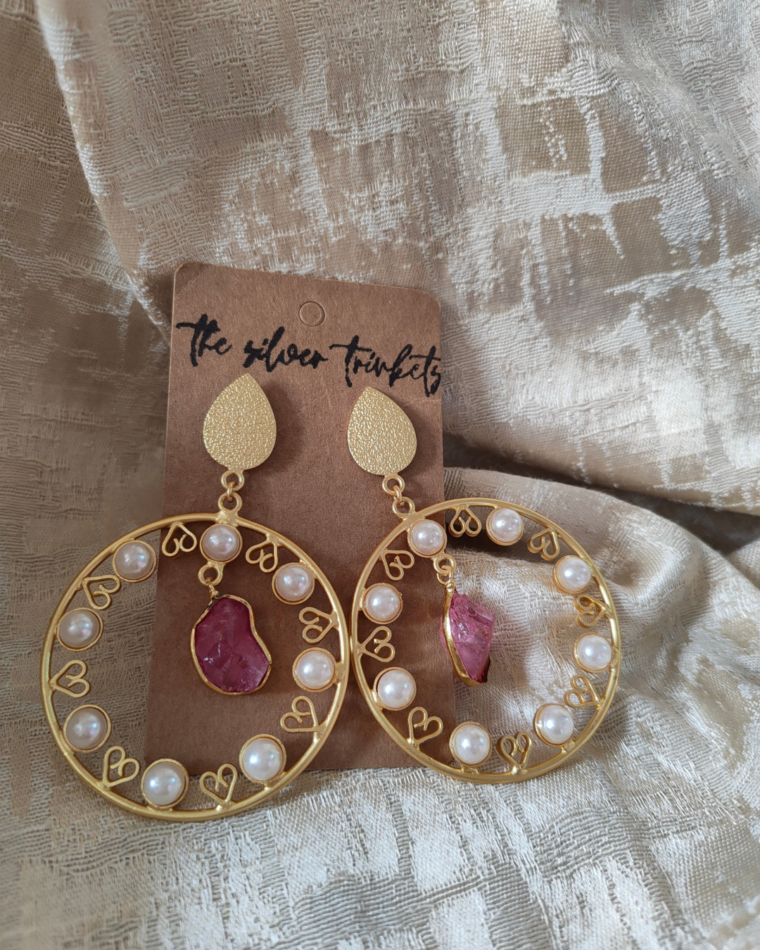 Gold-Toned Pearl & Natural Stone Hoop Statement Earrings