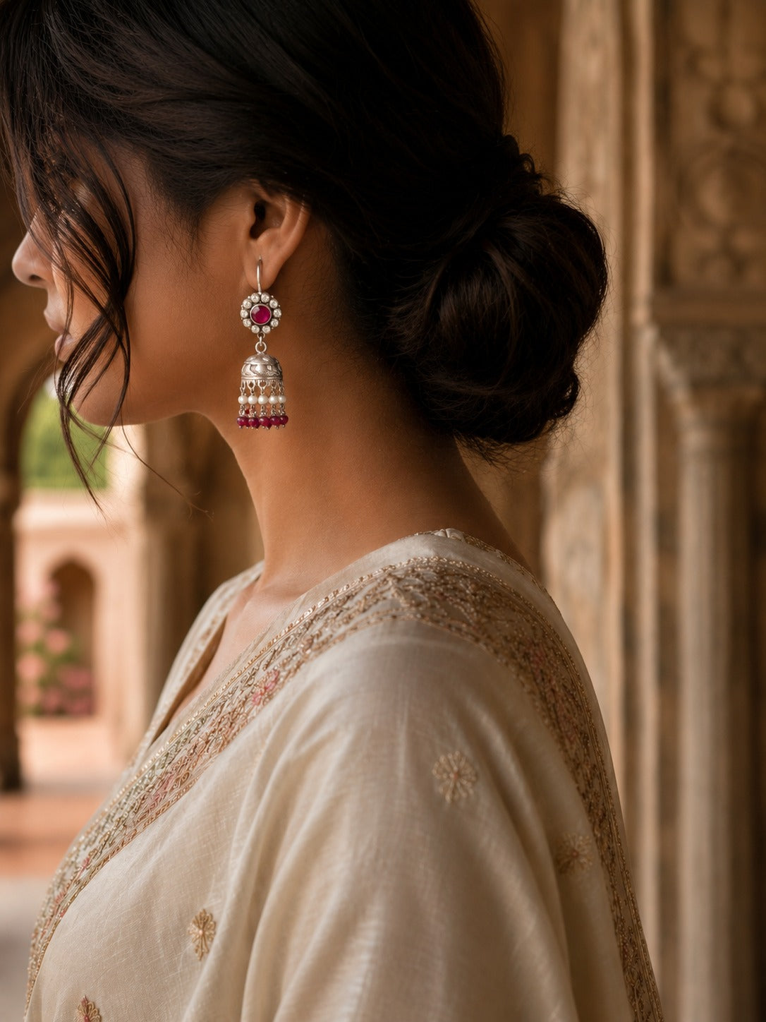 Silver Tassel Jhumka Marron Stones
