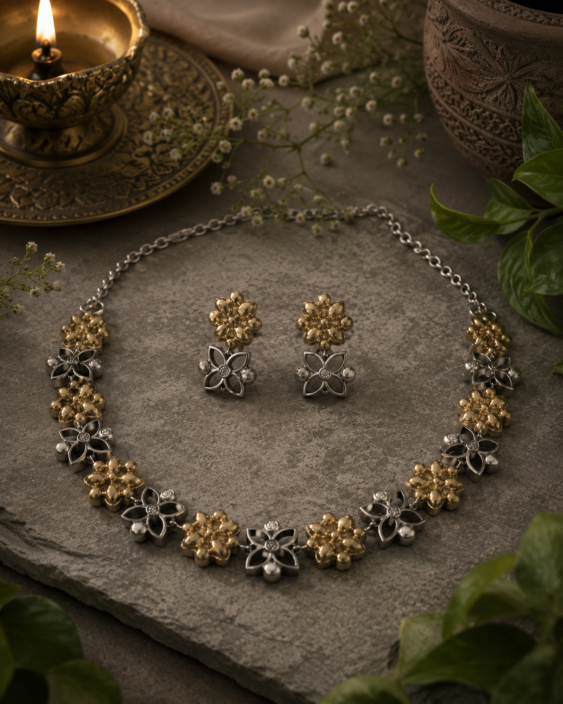 Dual-Tone Floral Choker Necklace Set