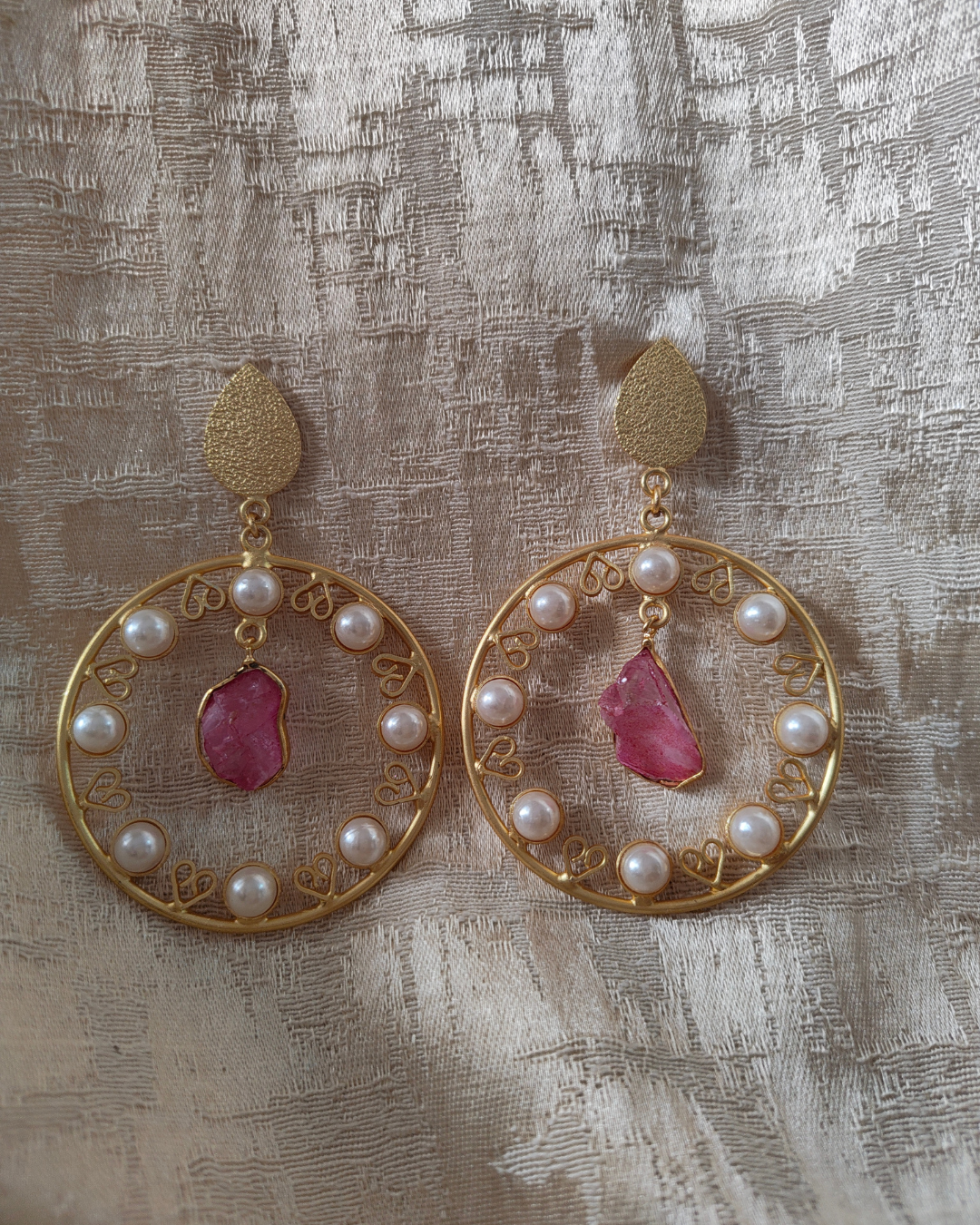 Gold-Toned Pearl & Natural Stone Hoop Statement Earrings