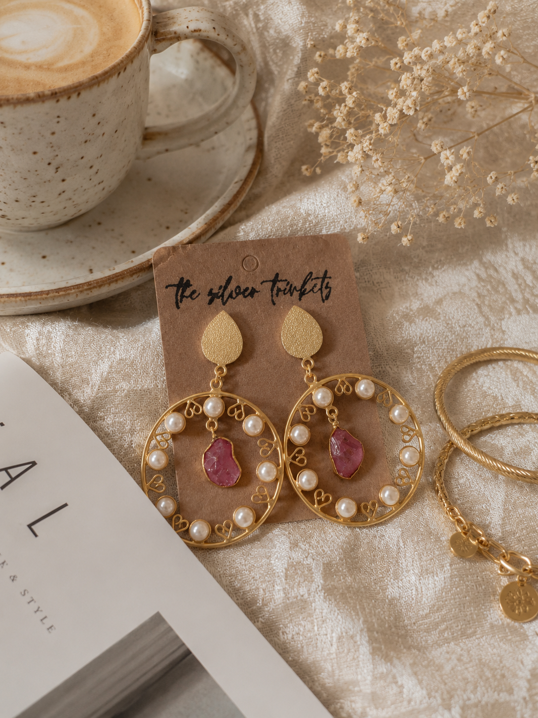 Gold-Toned Pearl & Natural Stone Hoop Statement Earrings