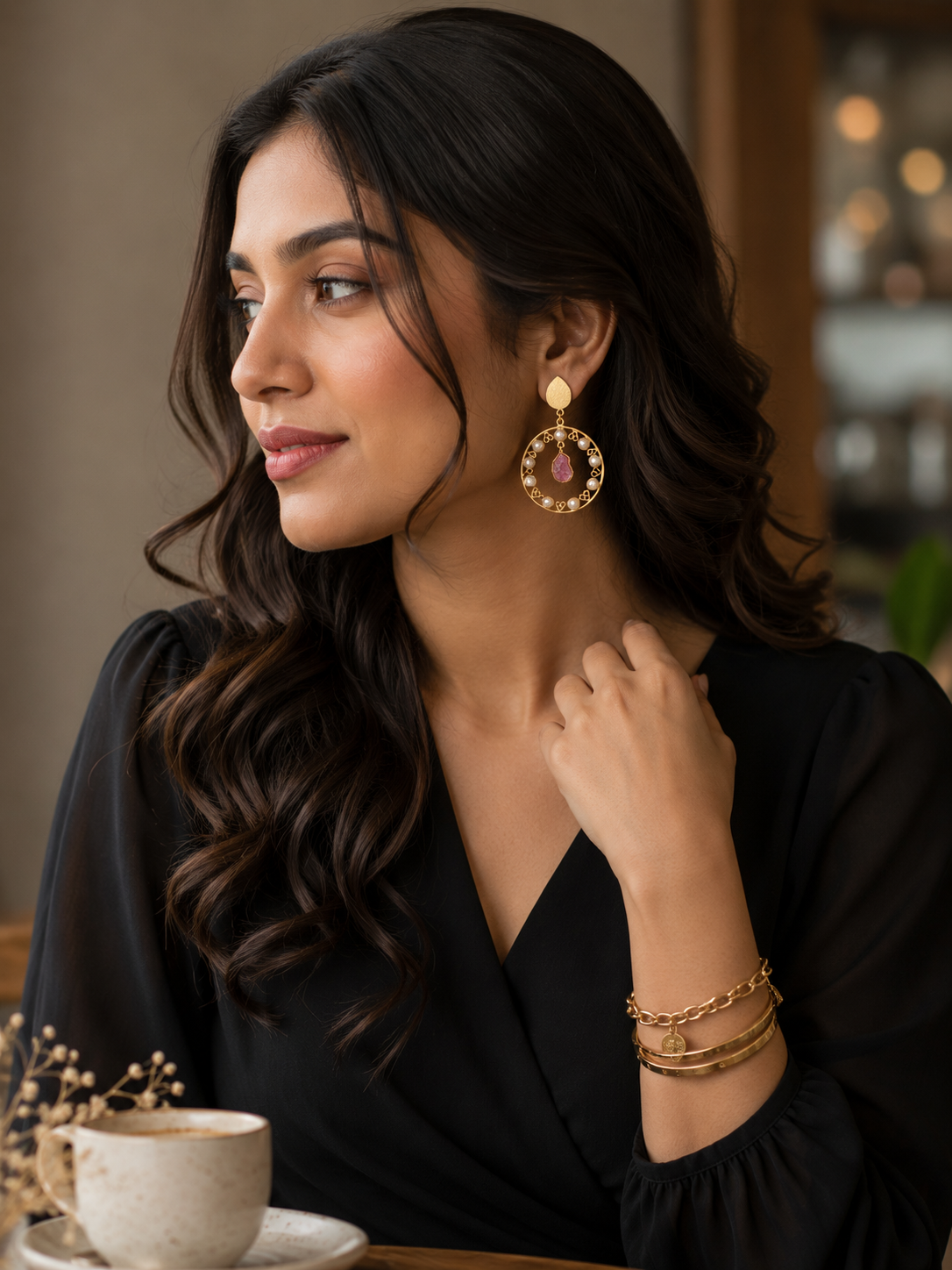 Gold-Toned Pearl & Natural Stone Hoop Statement Earrings