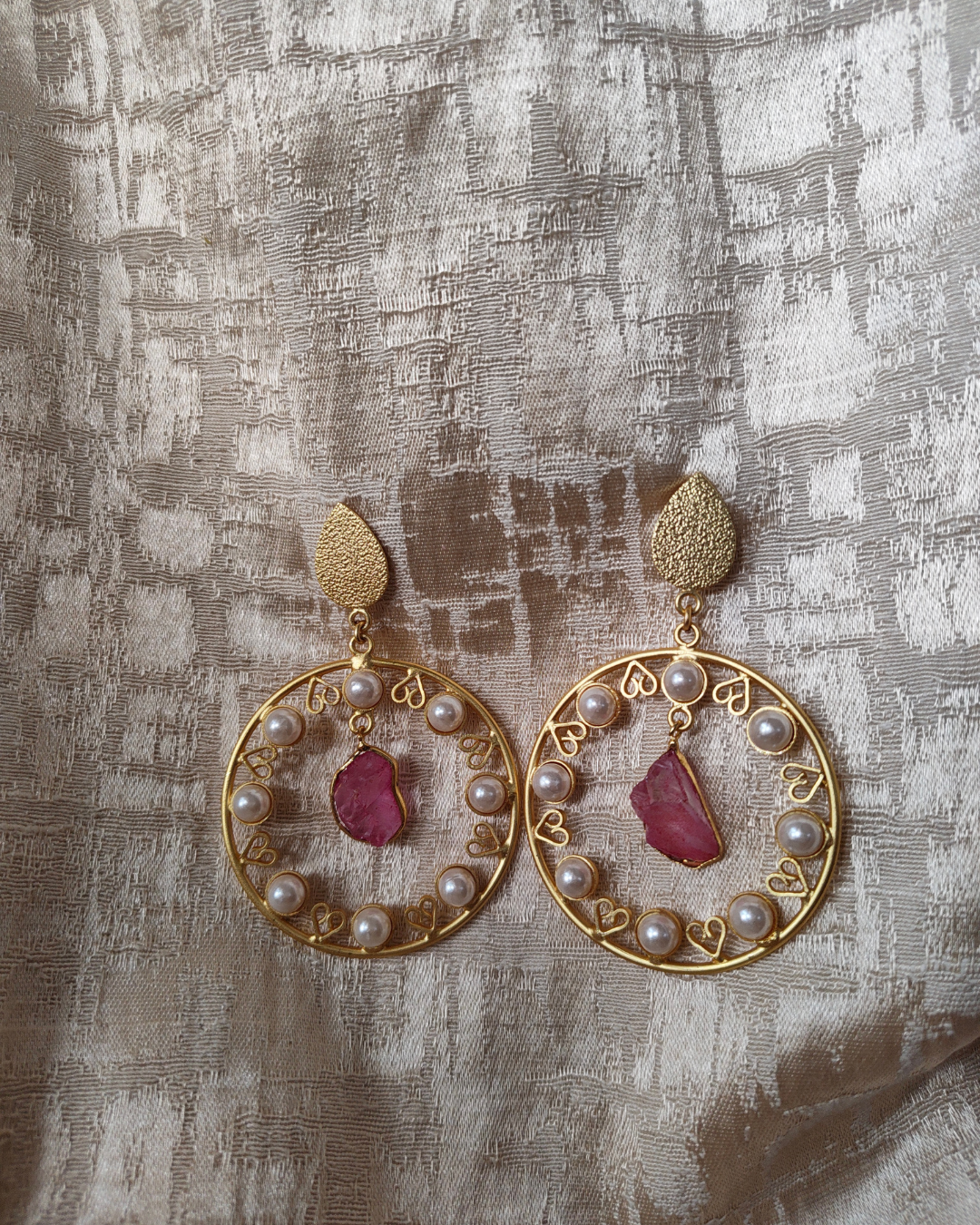 Gold-Toned Pearl & Natural Stone Hoop Statement Earrings