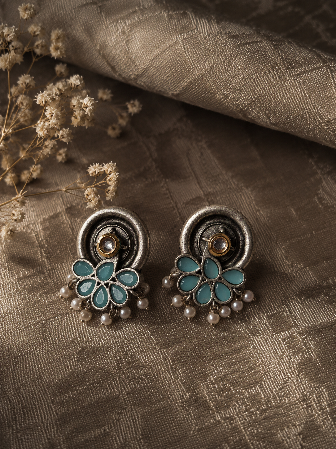Oxidized Silver Floral Stud Earrings