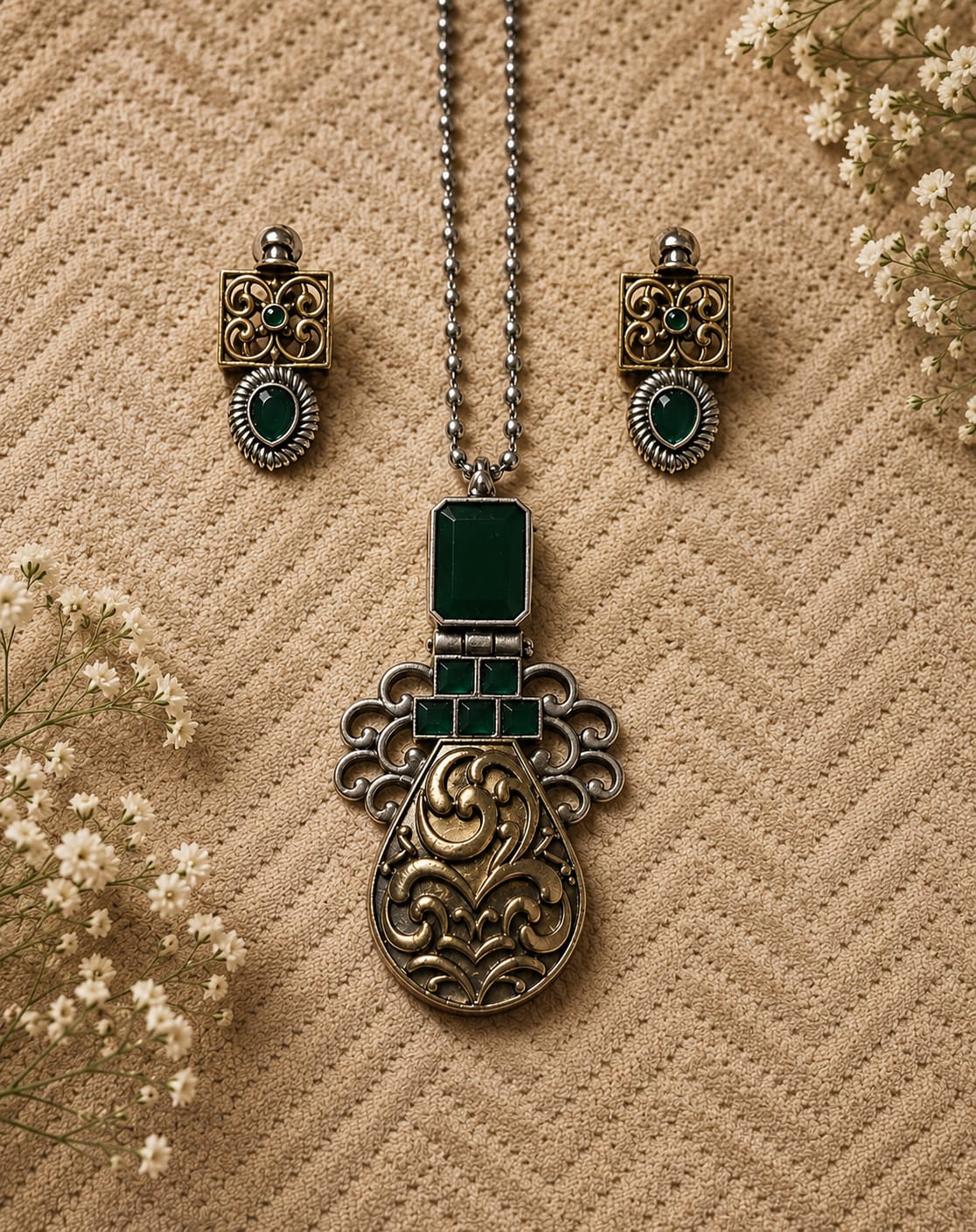 5a Dual Tone Green Pendant Set