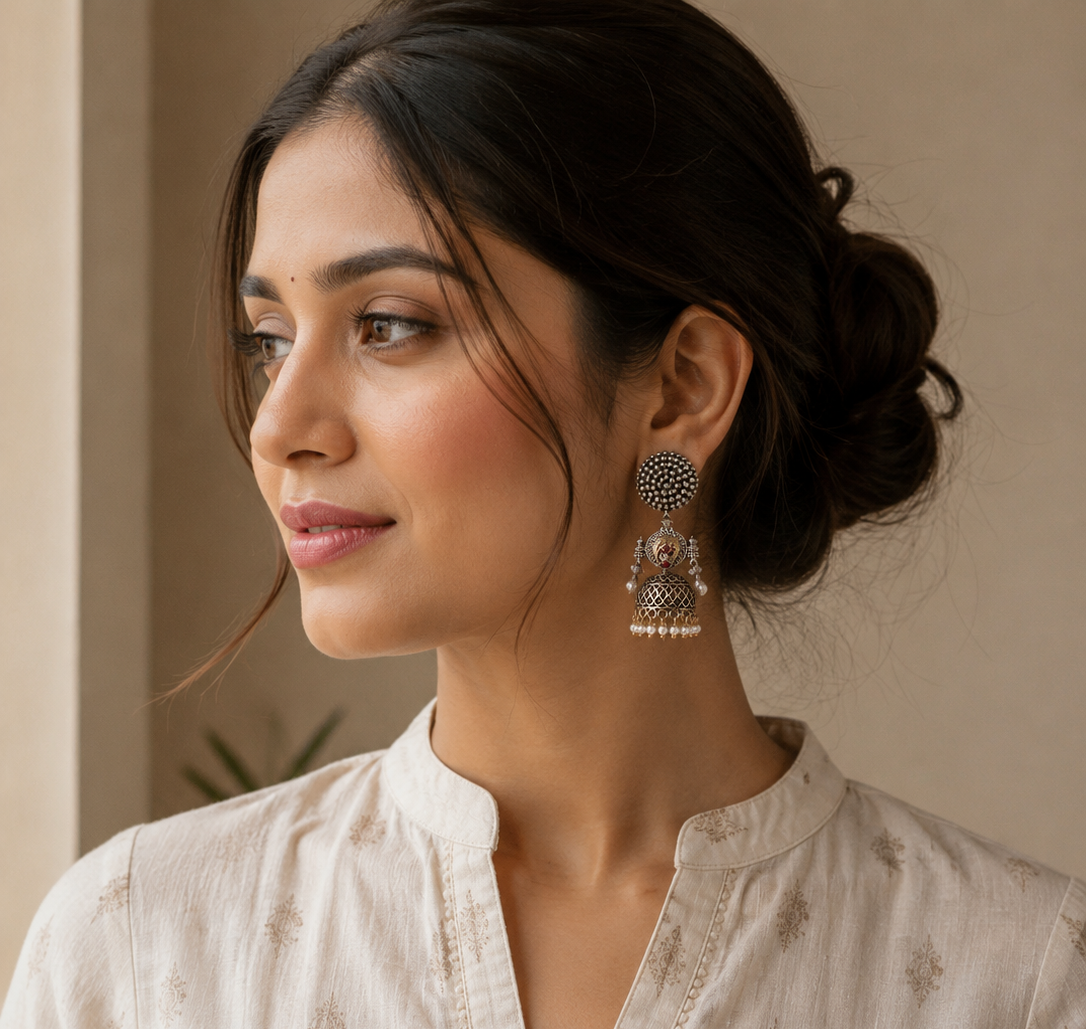 Antique Dual-Tone Oxidized Jhumka Earrings