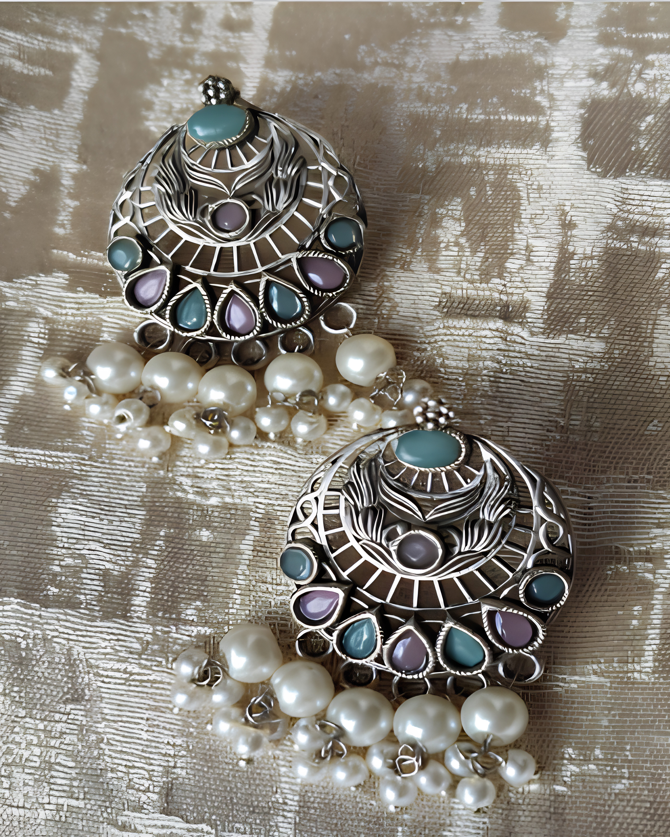Oxidized Silver Earrings with Pastel Stone Detailing and Pearl Drops