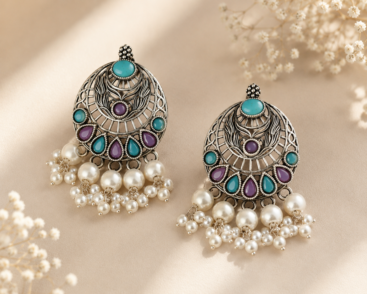 Oxidized Silver Earrings with Pastel Stone Detailing and Pearl Drops